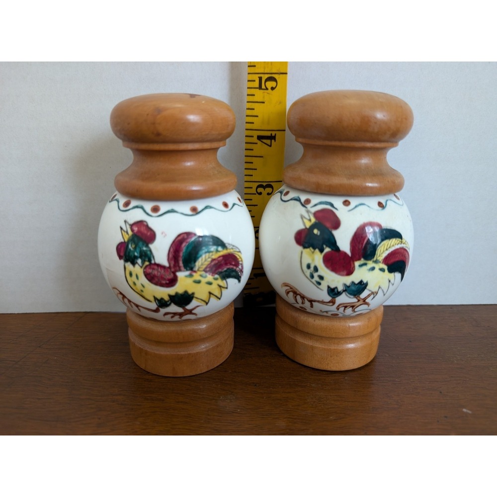 Vintage Hand Painted Rooster Salt & Pepper Shakers, Wood &Ceramic, 4.5" Tall